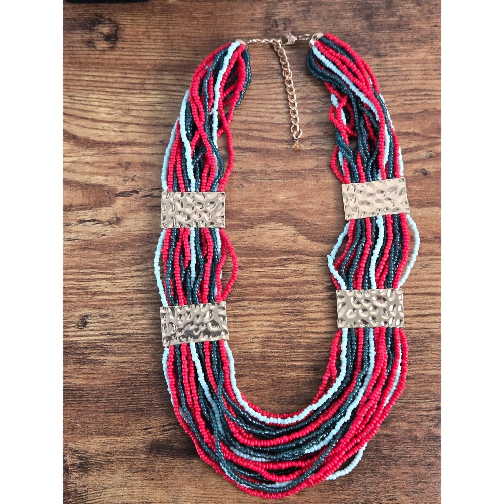 Multi Strand Seed Bead Statement Necklace Red Teal Gold Tone Hammered Accents